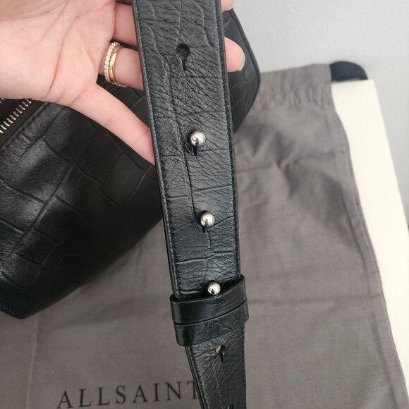 All Saints | Polly Round Medium Leather Crossbody in Black Mock Croc, One Size - Picture 8 of 11